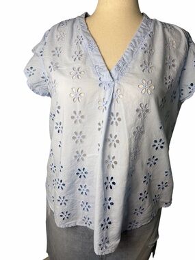 Pale Blue Eyelet V-Neck Cotton Blouse, Sleeveless, Cottagecore, Spring, size XL